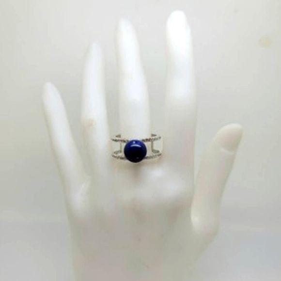 New Lapis Lazuli Round Bead Set Negative Space Diamond Simulant Ring Sz 9.5 - Picture 3 of 4